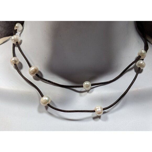 Elegant Bohemian Layered Pearl Studded Brown Leather Cord Necklace - Picture 1 of 5